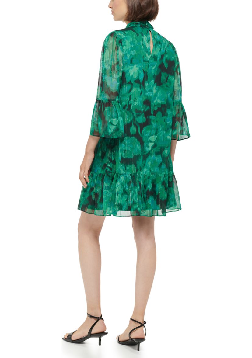 Womens 3/4 Sleeve Ruffle Bow Floral A-Line Dress