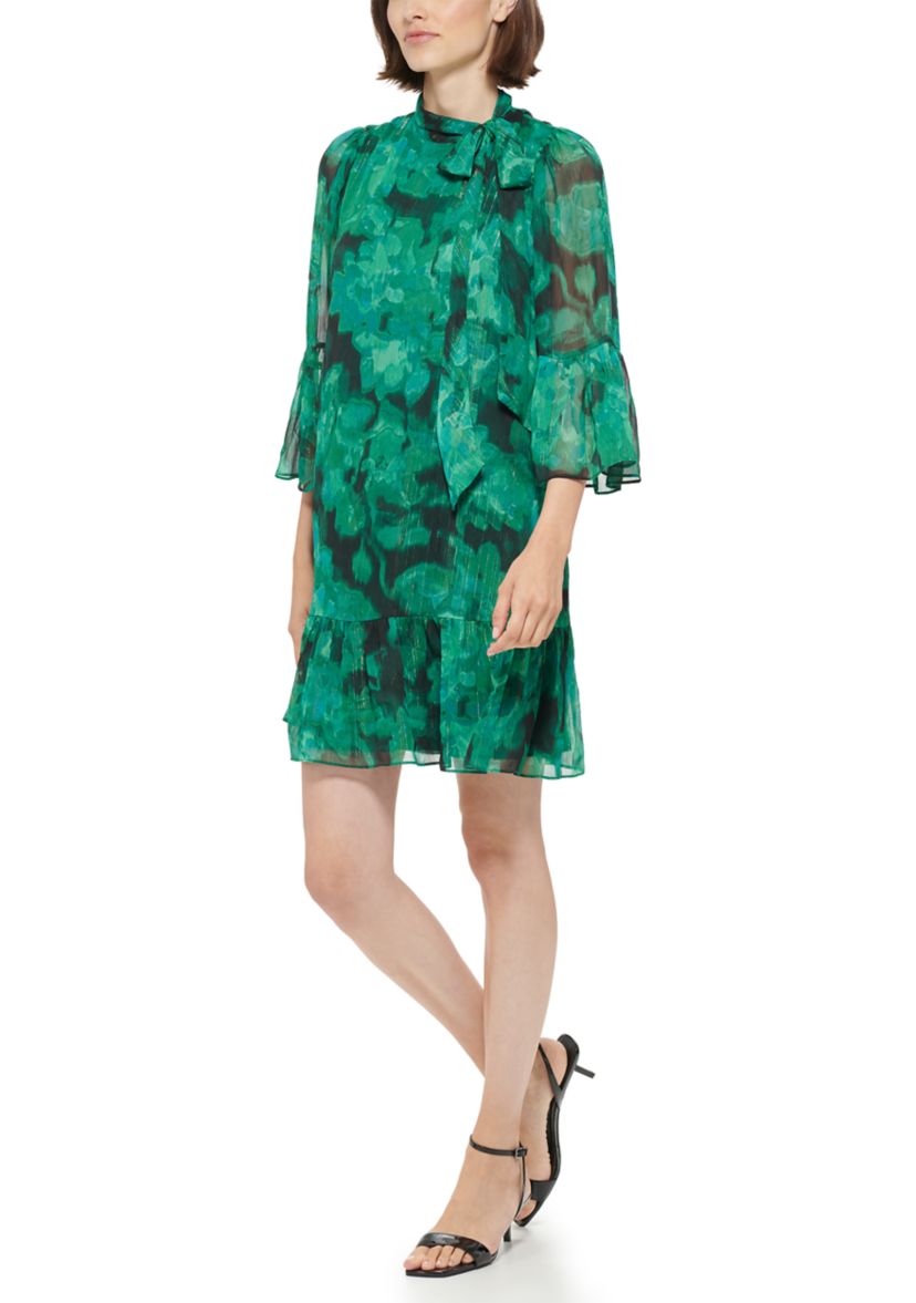 Womens 3/4 Sleeve Ruffle Bow Floral A-Line Dress