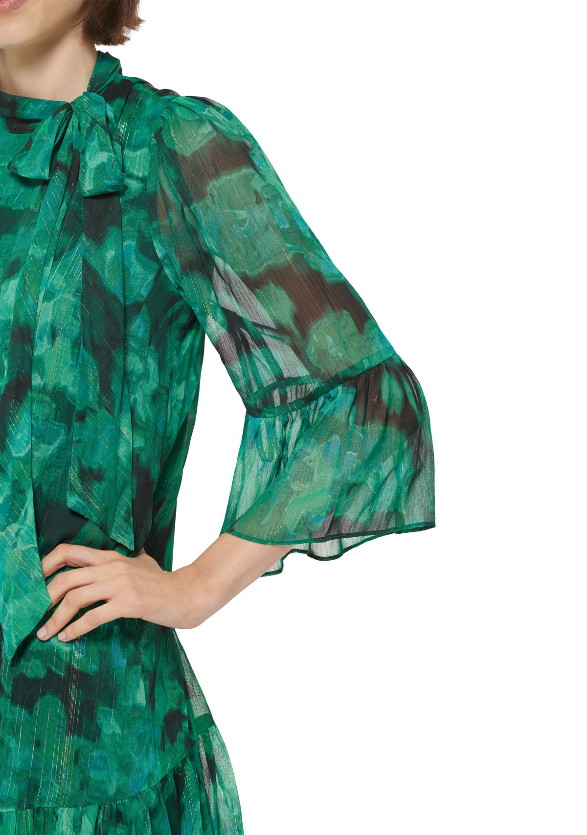 Womens 3/4 Sleeve Ruffle Bow Floral A-Line Dress