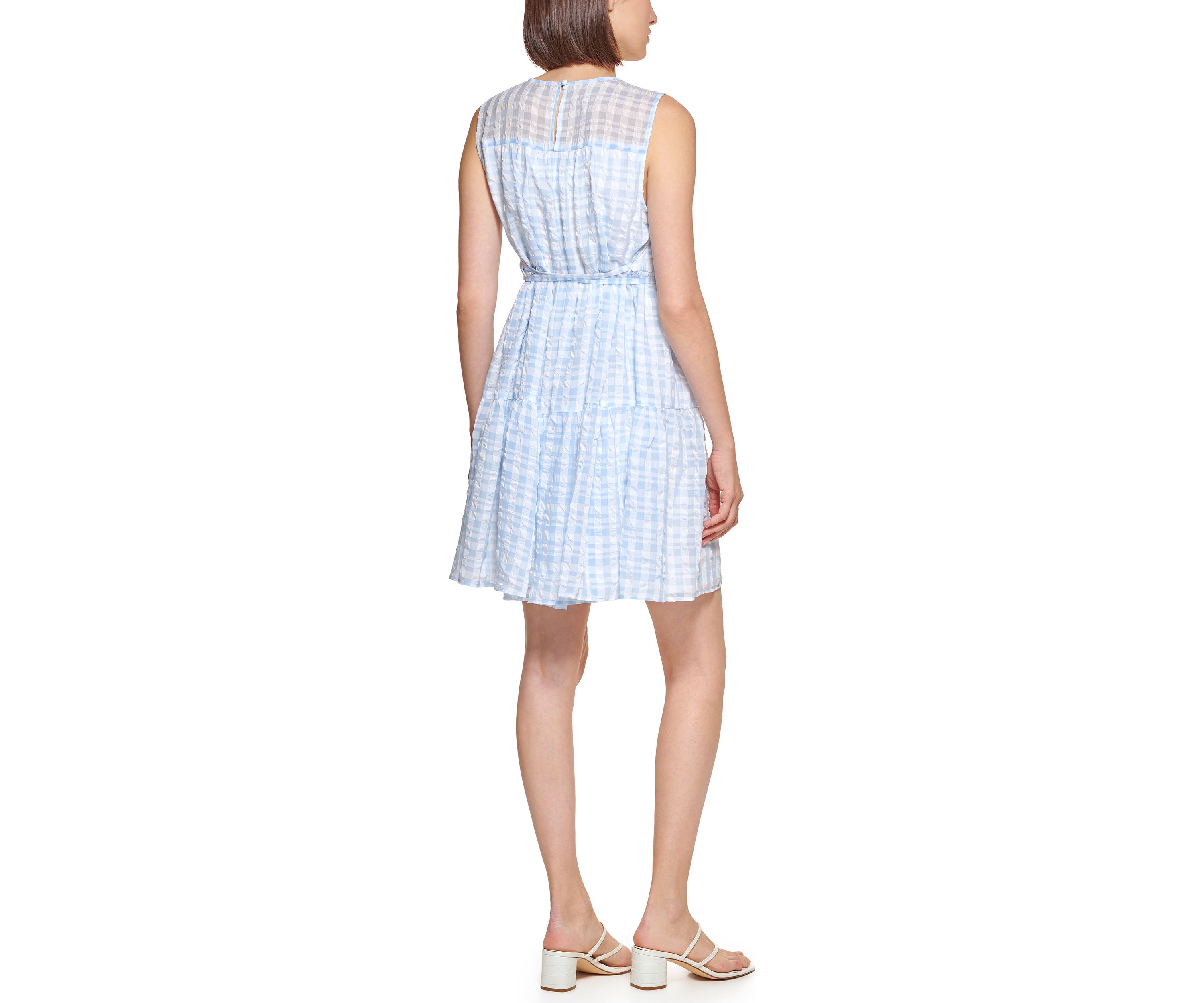 Womens Sleeveless Tier Gingham Chiffon Dress