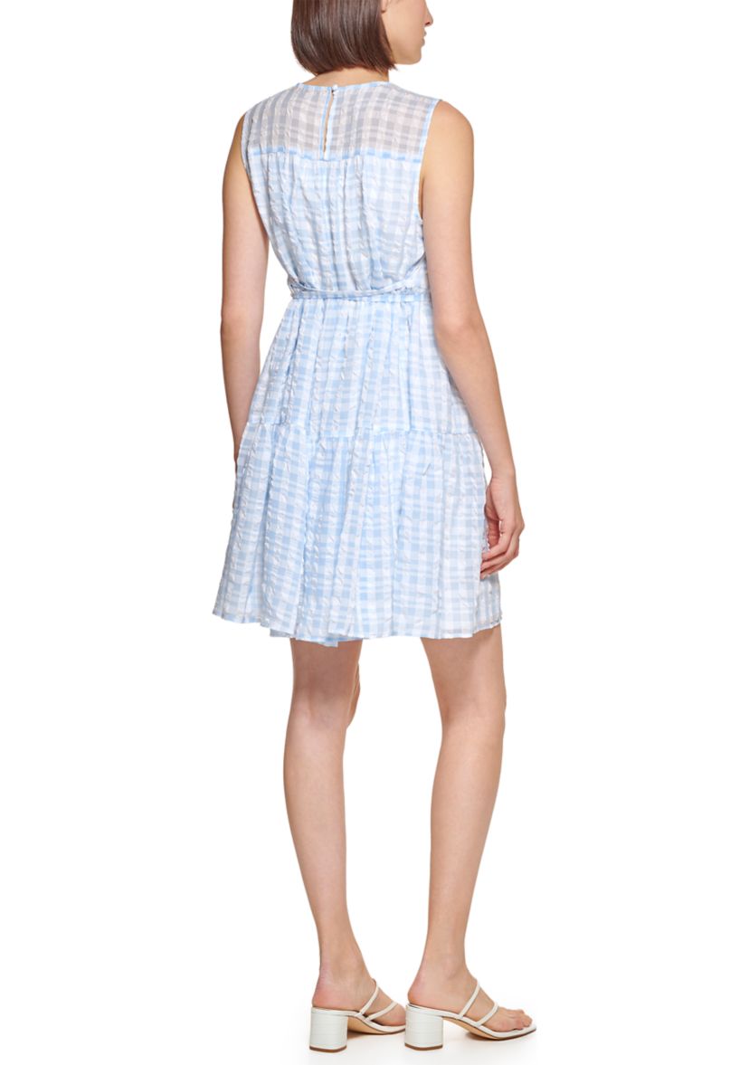 Womens Sleeveless Tier Gingham Chiffon Dress