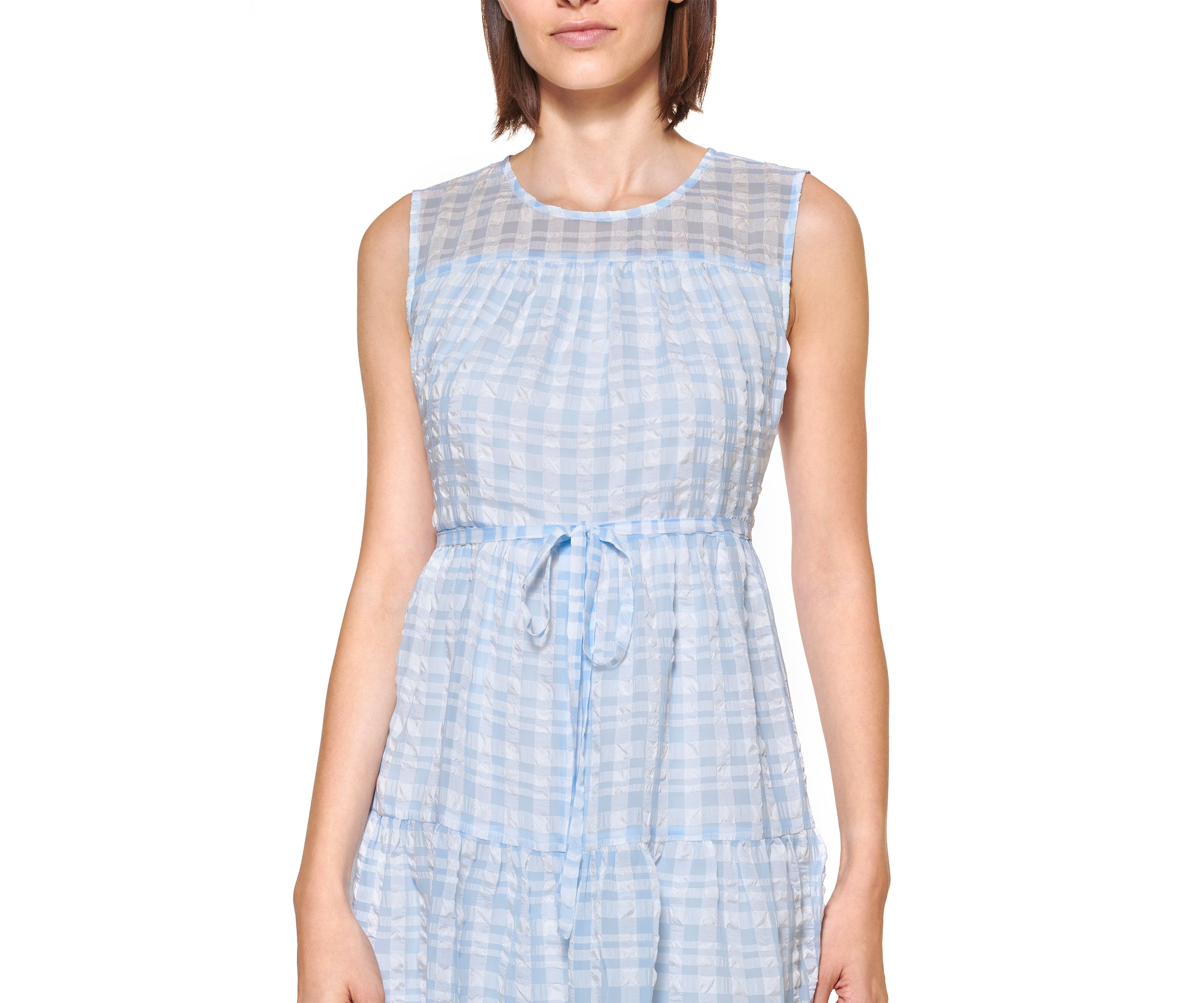 Womens Sleeveless Tier Gingham Chiffon Dress