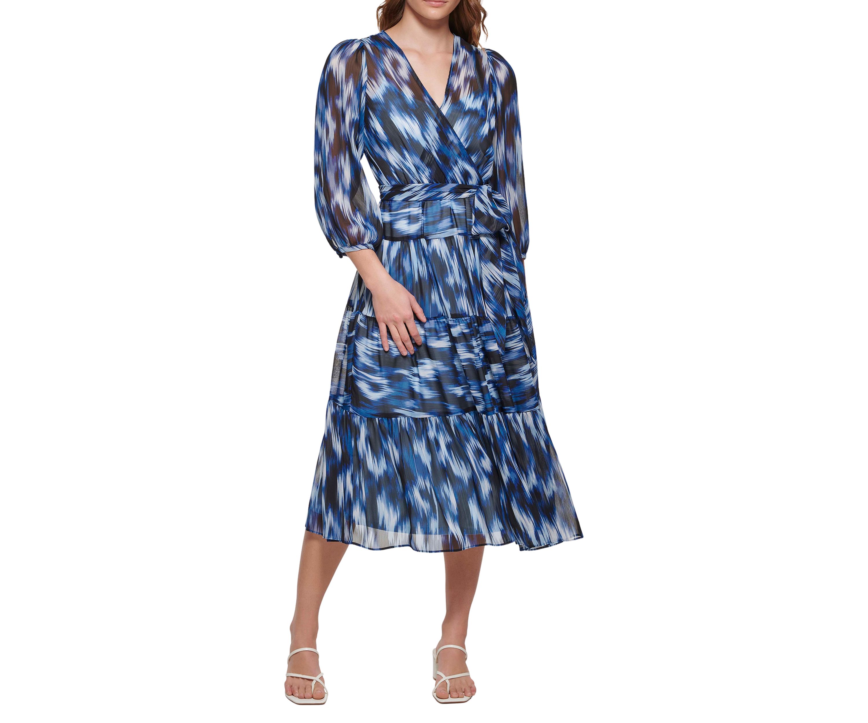 Womens Blouson Sleeve Crossover V-Neck Printed Dress