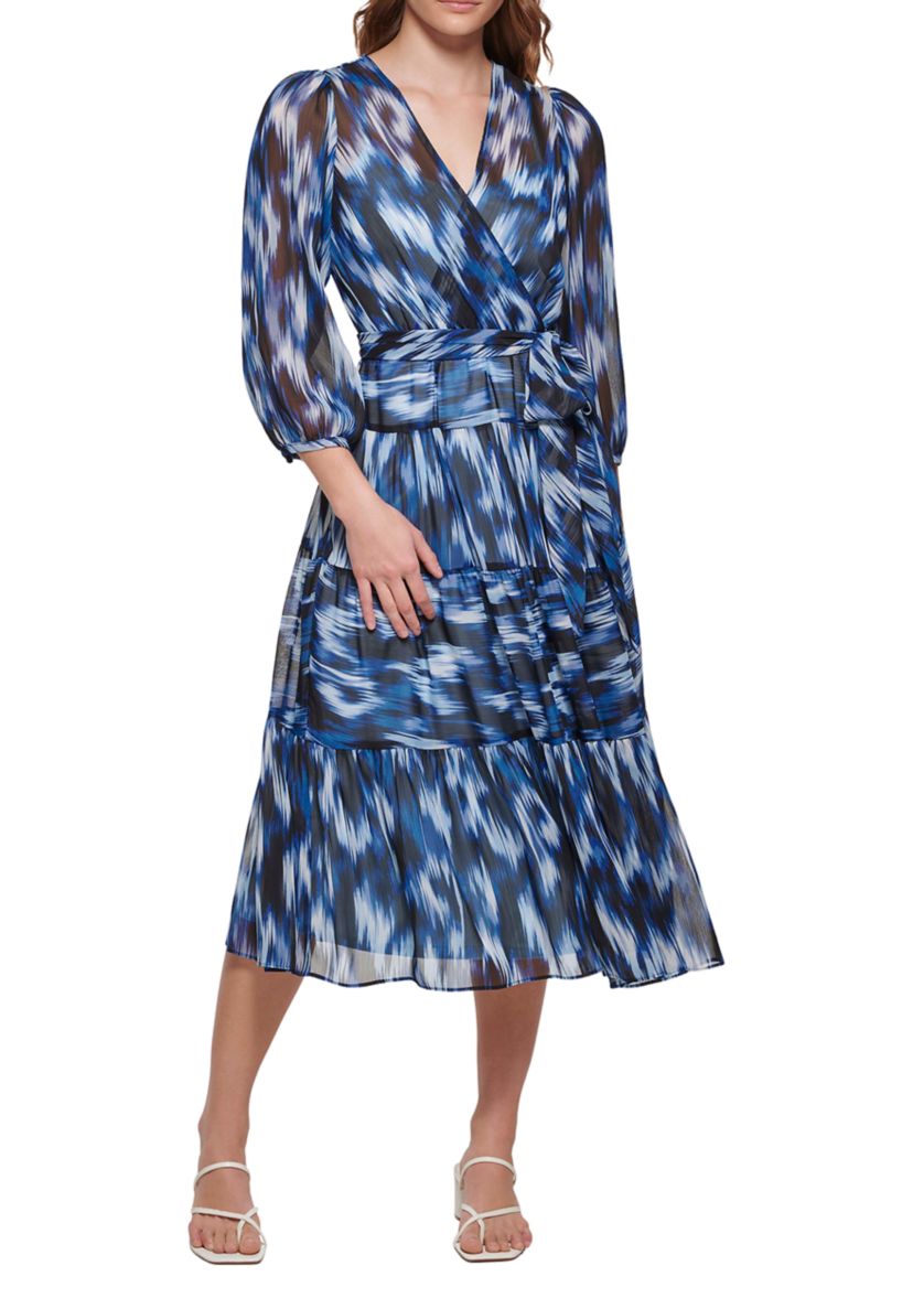 Womens Blouson Sleeve Crossover V-Neck Printed Dress