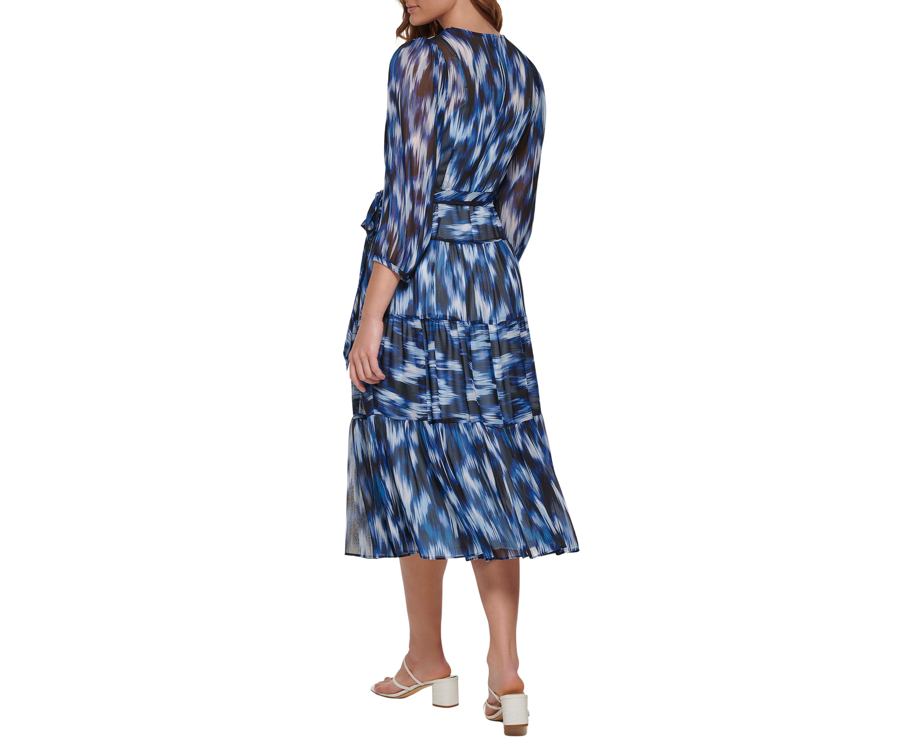 Womens Blouson Sleeve Crossover V-Neck Printed Dress