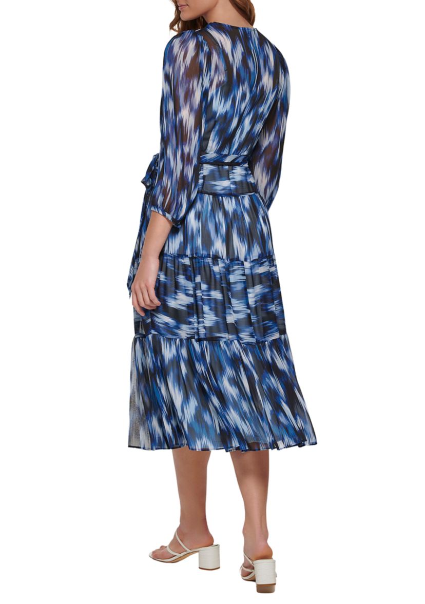 Womens Blouson Sleeve Crossover V-Neck Printed Dress