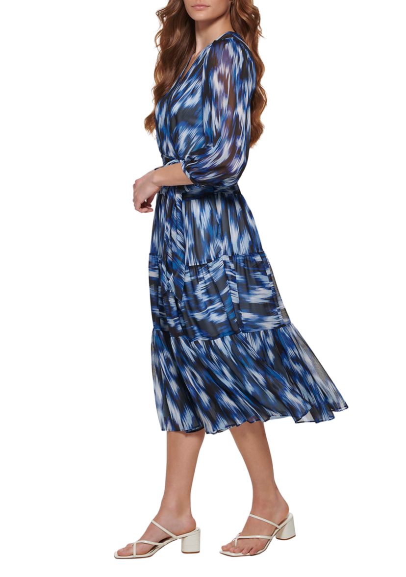 Womens Blouson Sleeve Crossover V-Neck Printed Dress
