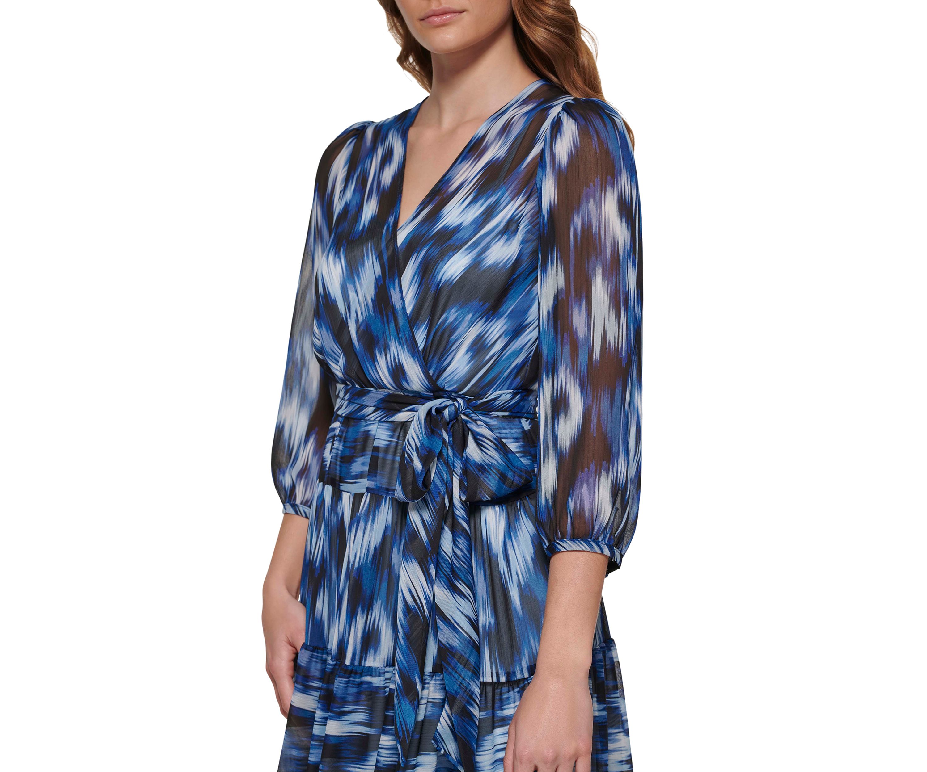Womens Blouson Sleeve Crossover V-Neck Printed Dress
