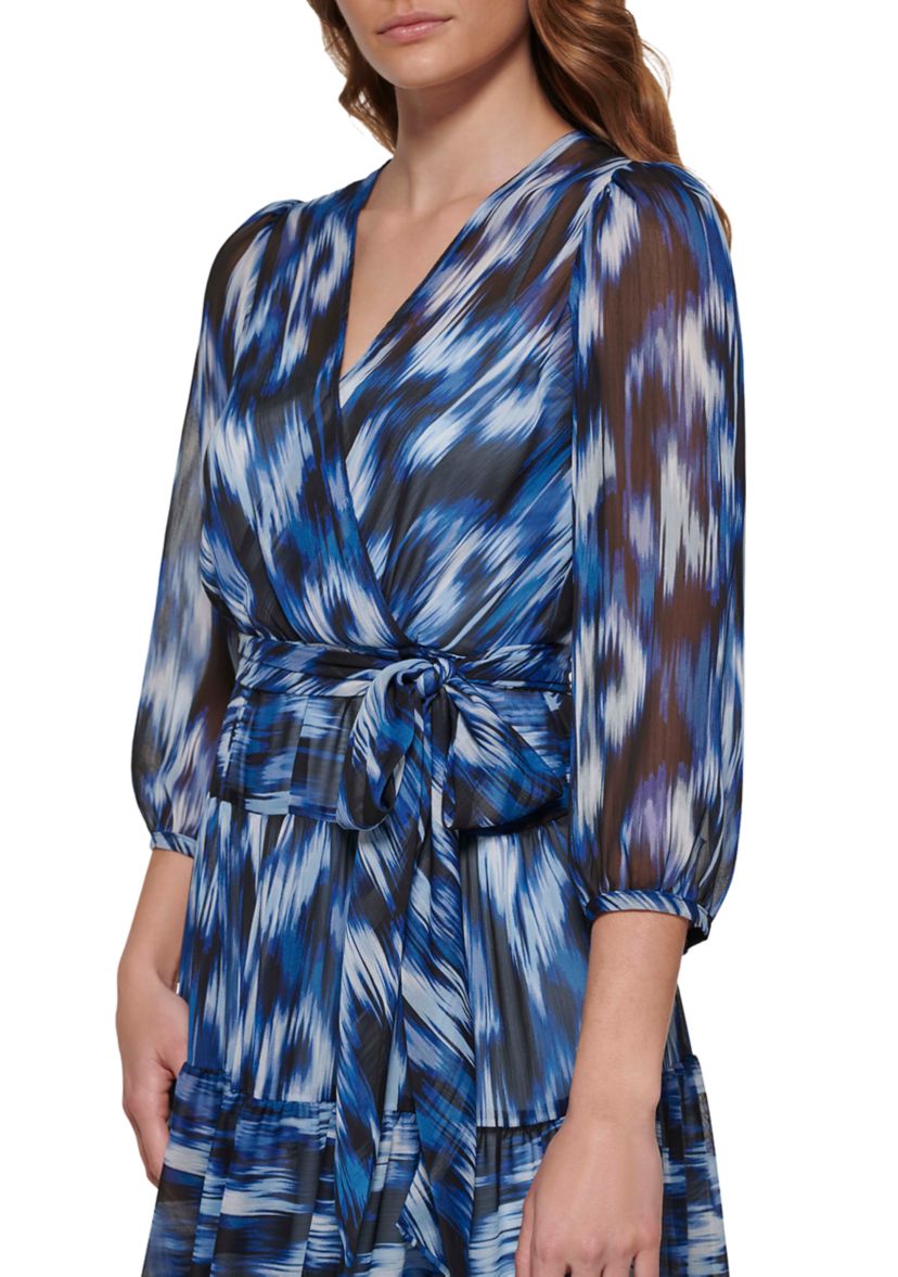 Womens Blouson Sleeve Crossover V-Neck Printed Dress