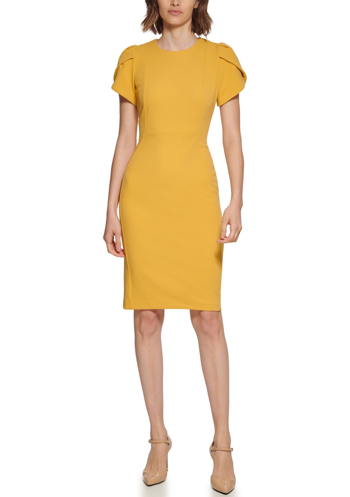 Womens Short Sleeve Puff Shoulder Solid Sheath Dress