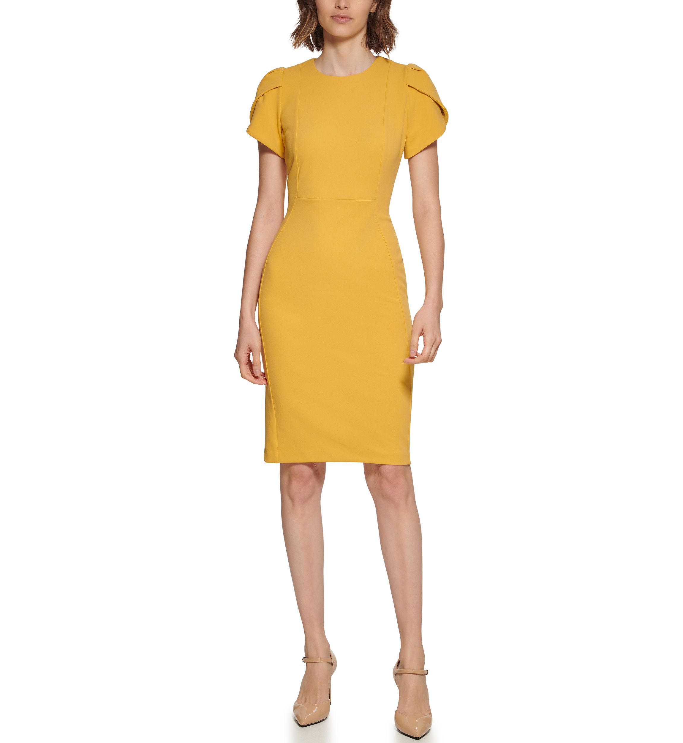 Womens Short Sleeve Puff Shoulder Solid Sheath Dress