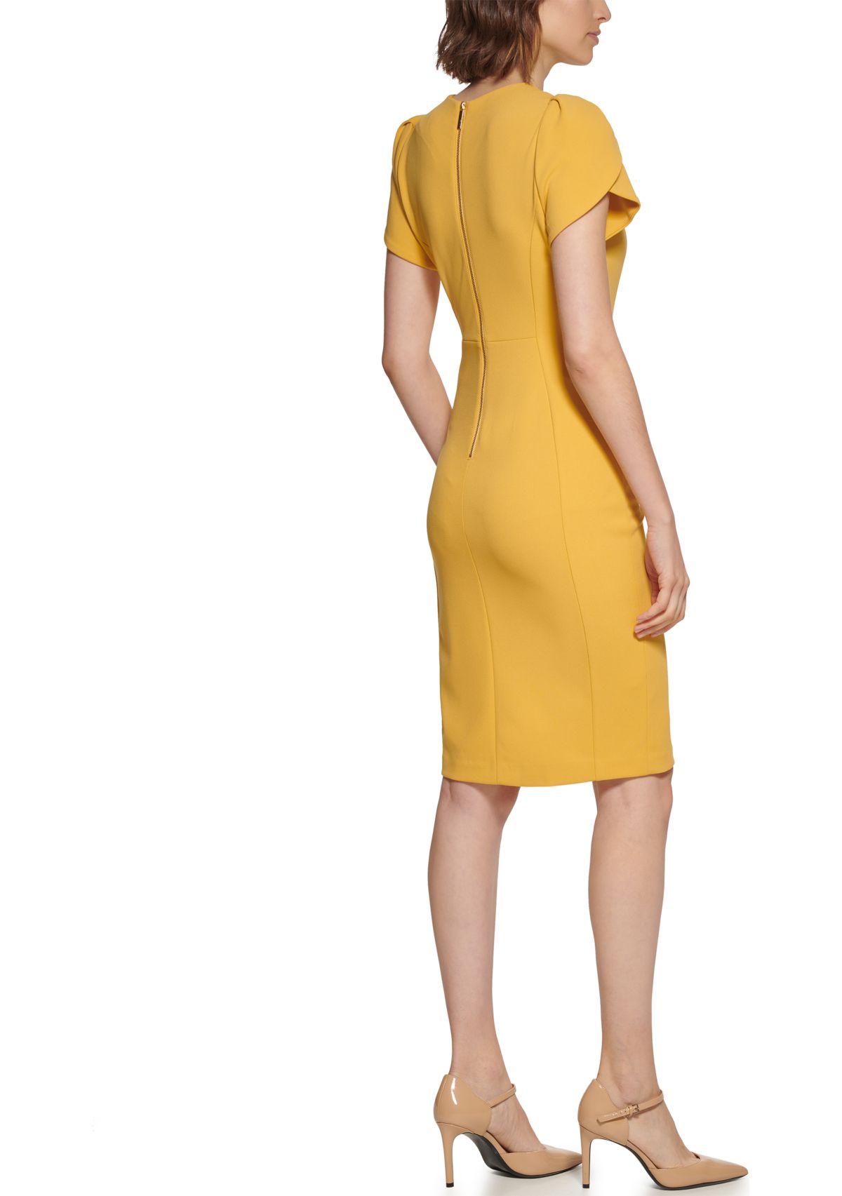 Womens Short Sleeve Puff Shoulder Solid Sheath Dress