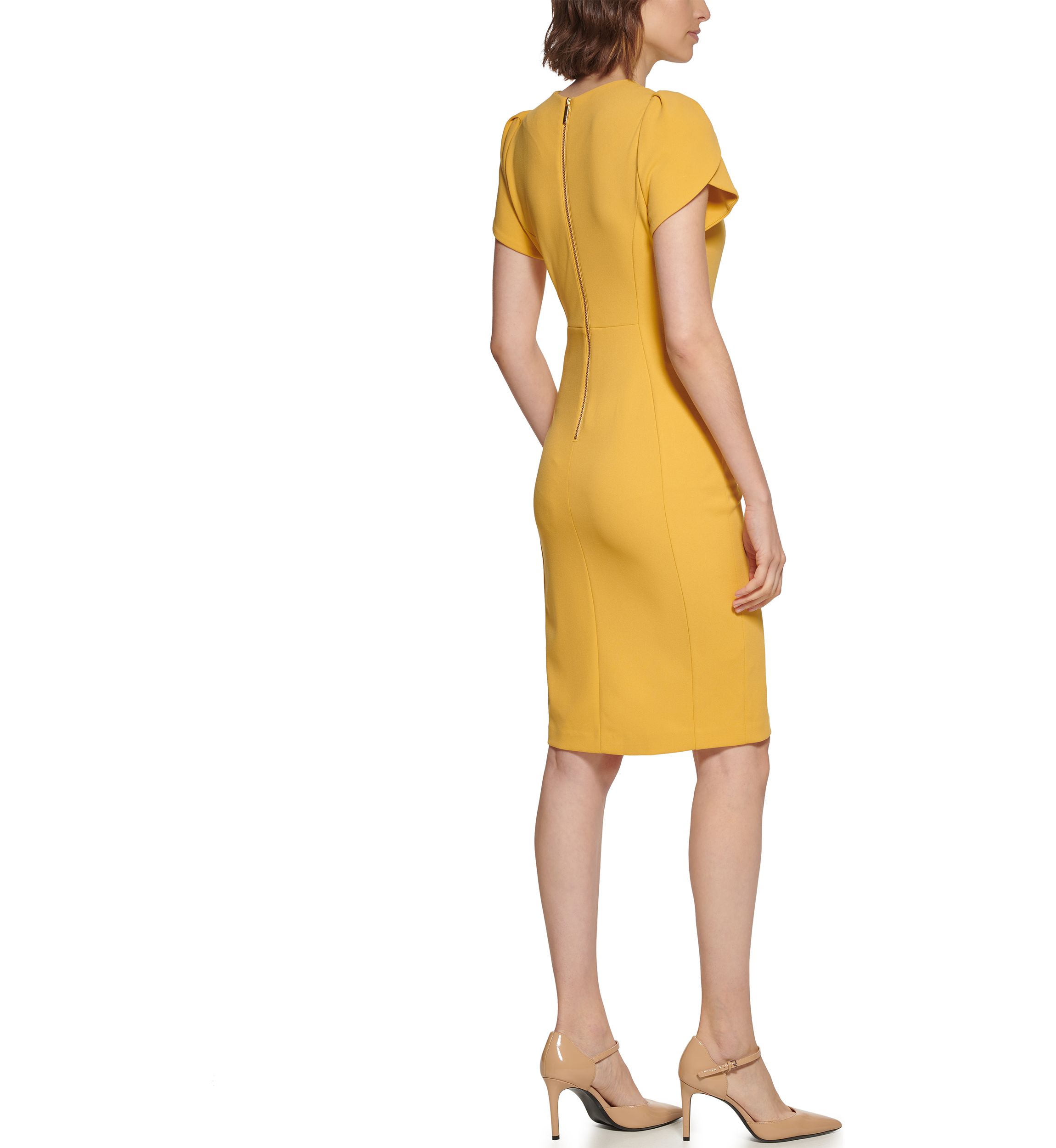 Womens Short Sleeve Puff Shoulder Solid Sheath Dress