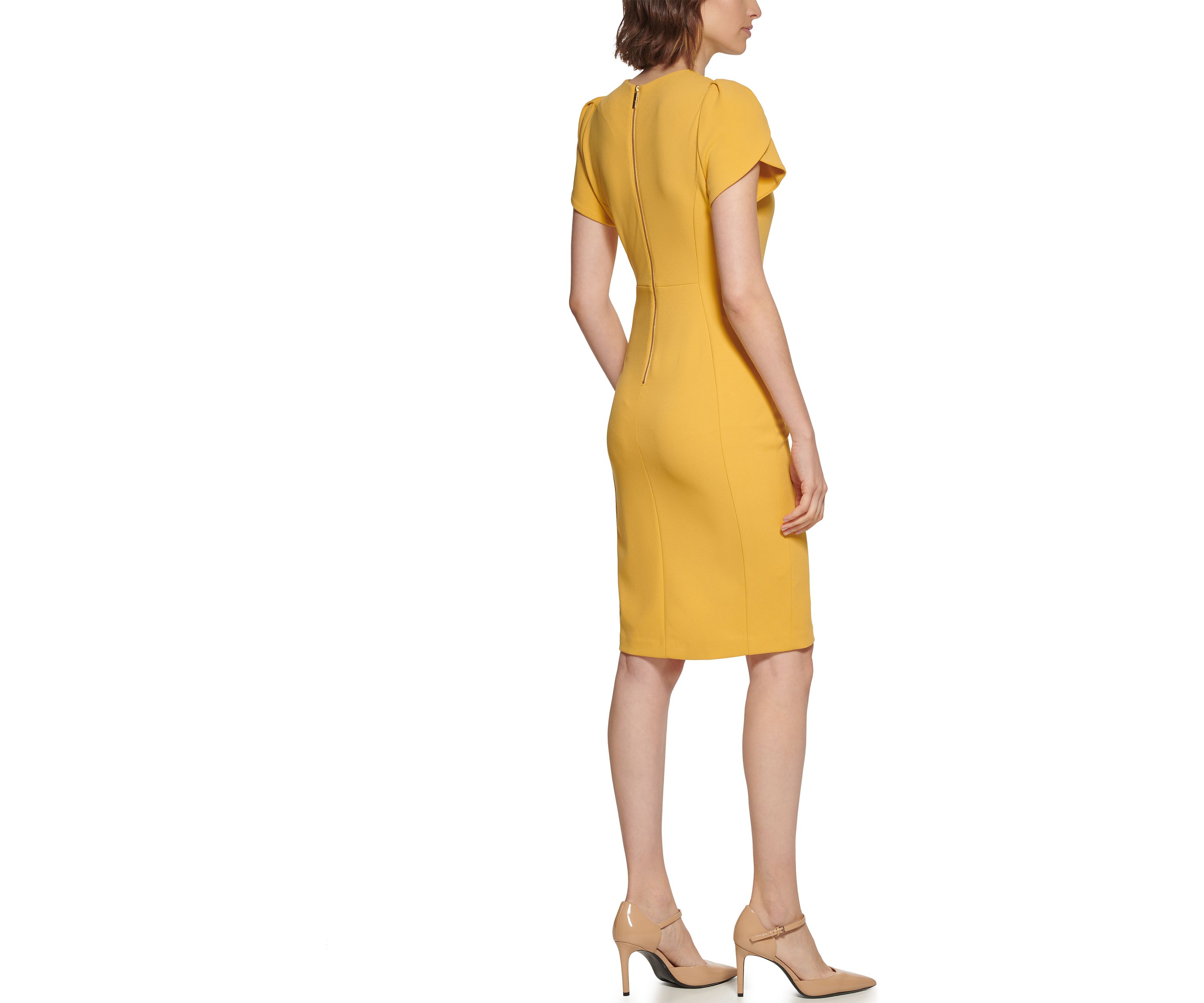 Womens Short Sleeve Puff Shoulder Solid Sheath Dress
