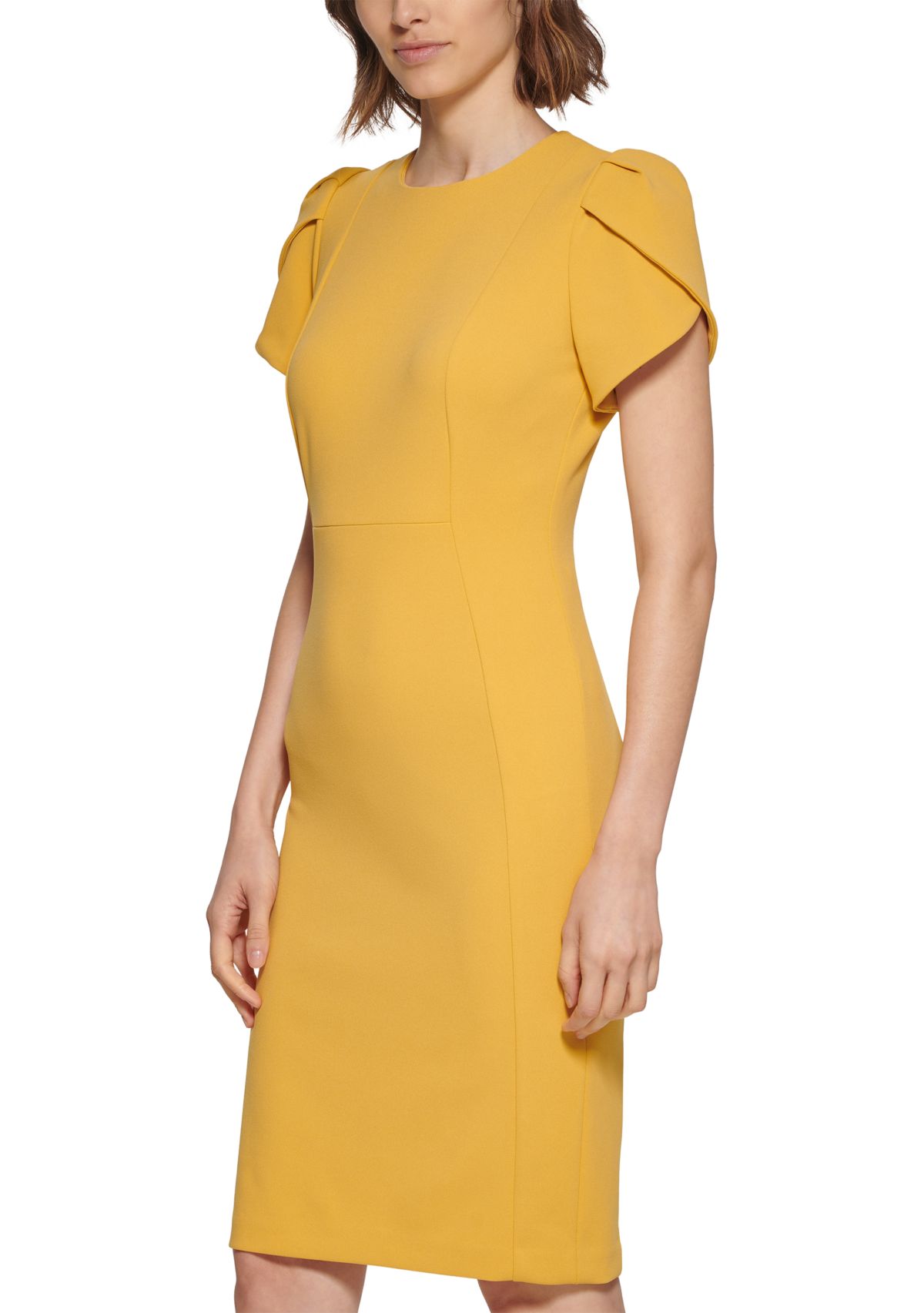 Womens Short Sleeve Puff Shoulder Solid Sheath Dress