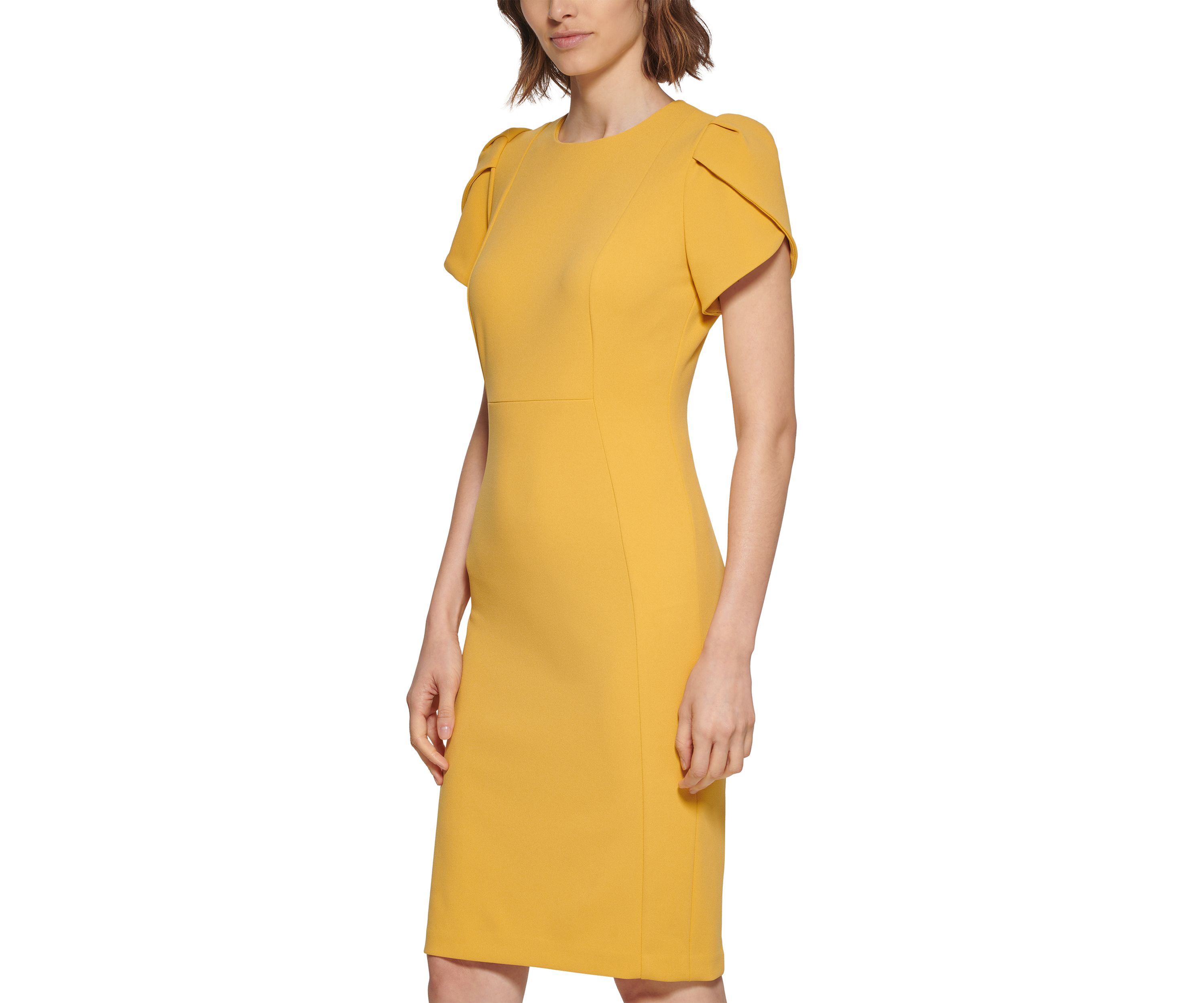 Womens Short Sleeve Puff Shoulder Solid Sheath Dress