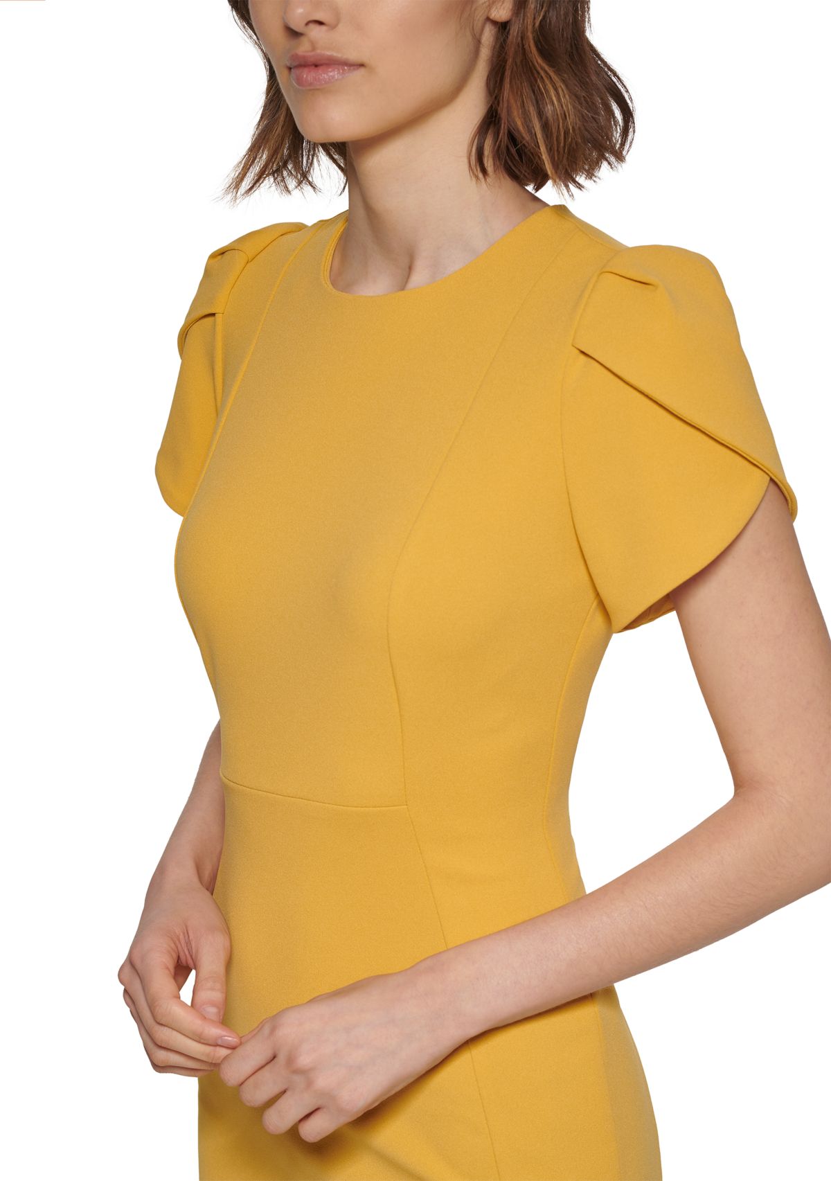 Womens Short Sleeve Puff Shoulder Solid Sheath Dress