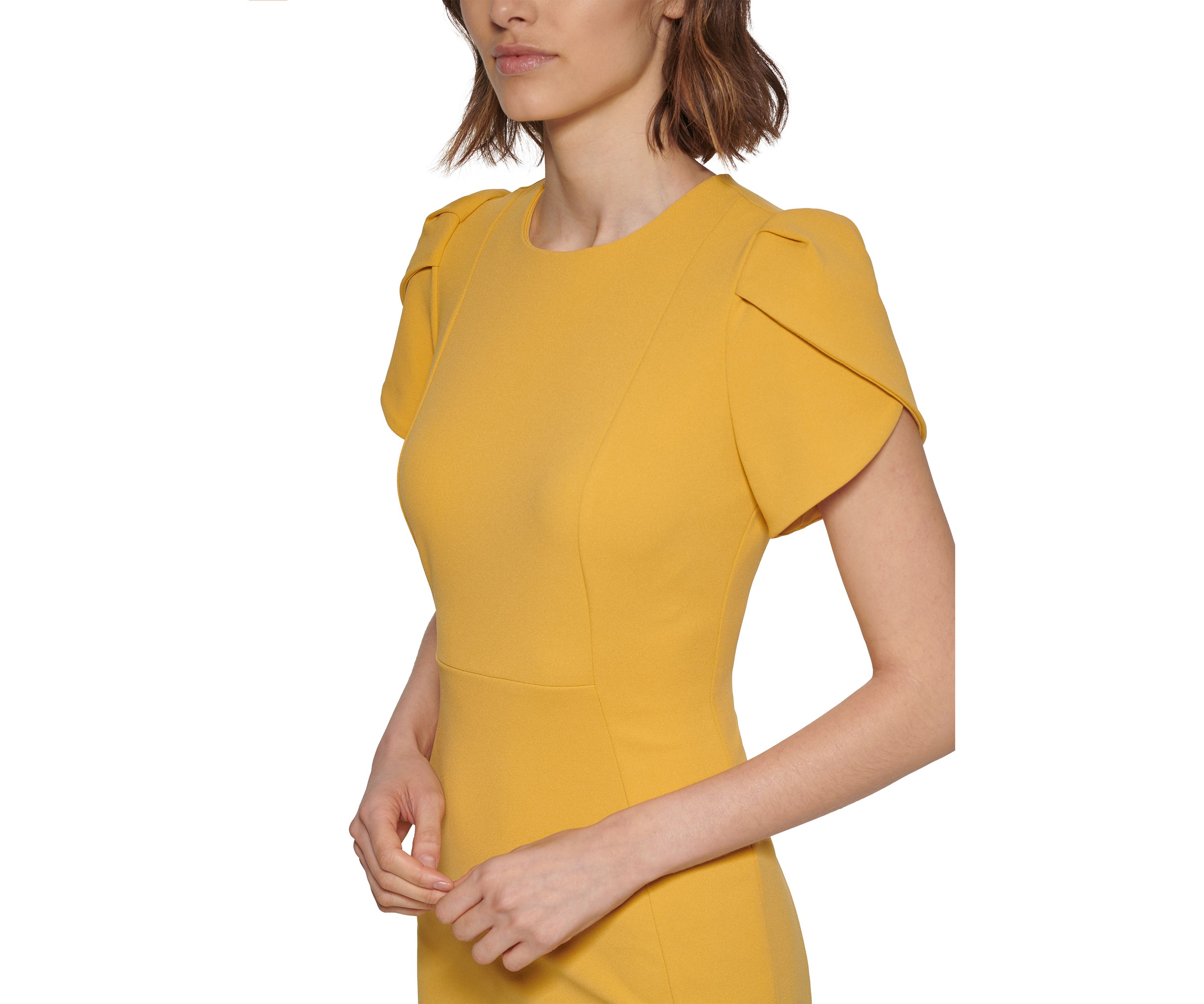 Womens Short Sleeve Puff Shoulder Solid Sheath Dress