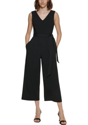 Calvin Klein Women's Sleeveless V-Neck Tie Waist Wide Leg Jumpsuit | belk