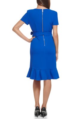 Calvin Klein Women's Short Sleeve Round Neck Tie Waist Ruffle Skirt Solid  Fit & Flare Dress | belk