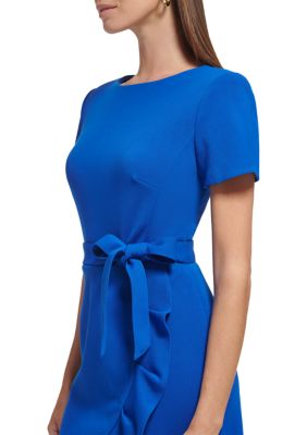 Calvin Klein Women's Short Sleeve Round Neck Tie Waist Ruffle Skirt Solid  Fit & Flare Dress | belk