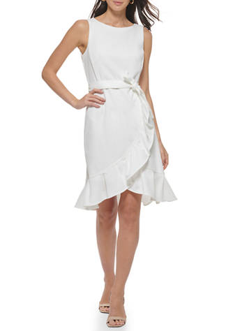 Calvin Klein Women's Sleeveless Round Neck Tie Waist Ruffle Wrap Skirt Fit  and Flare Dress | belk