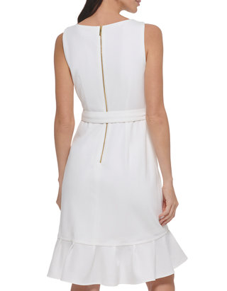 Calvin Klein Women's Sleeveless Round Neck Tie Waist Ruffle Wrap Skirt Fit  and Flare Dress | belk