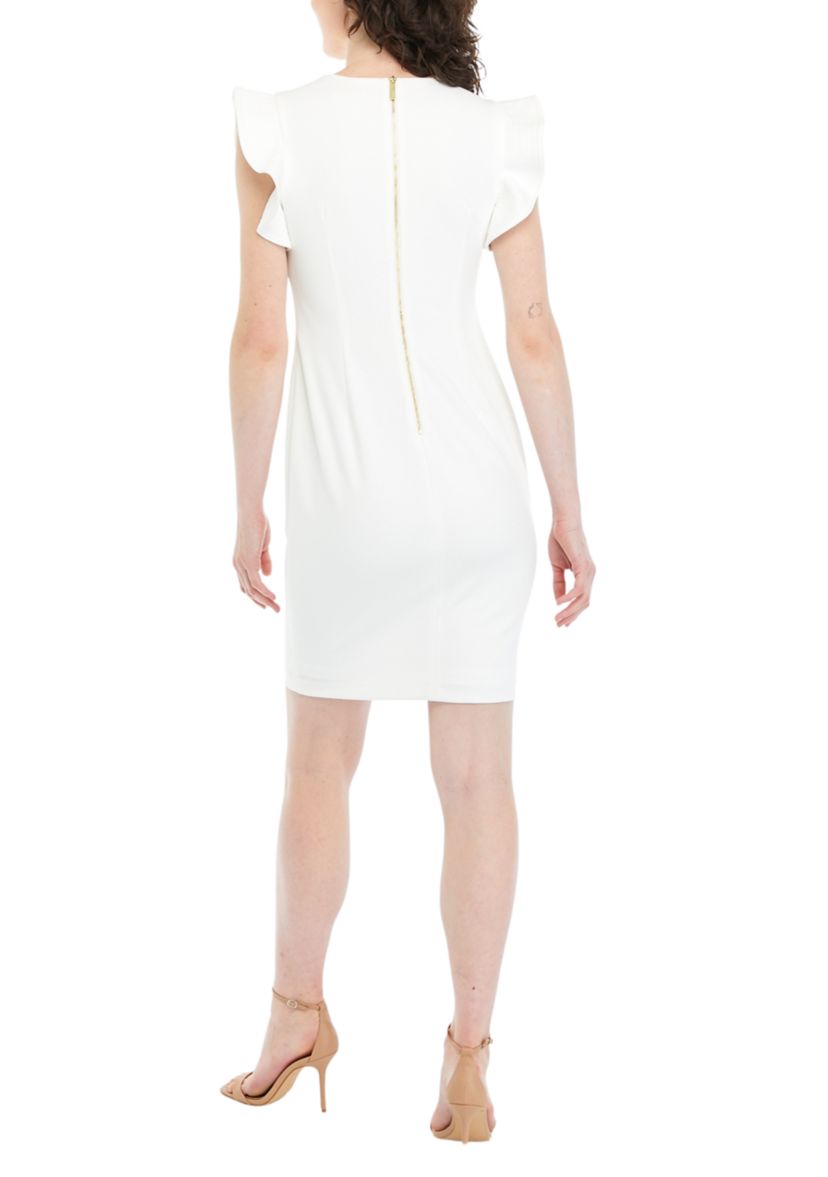 Womens Ruffle Sleeve Solid Sheath Dress