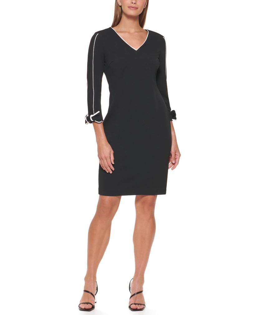 Womens 3/4 Sleeve V-Neck Solid Sheath Dress