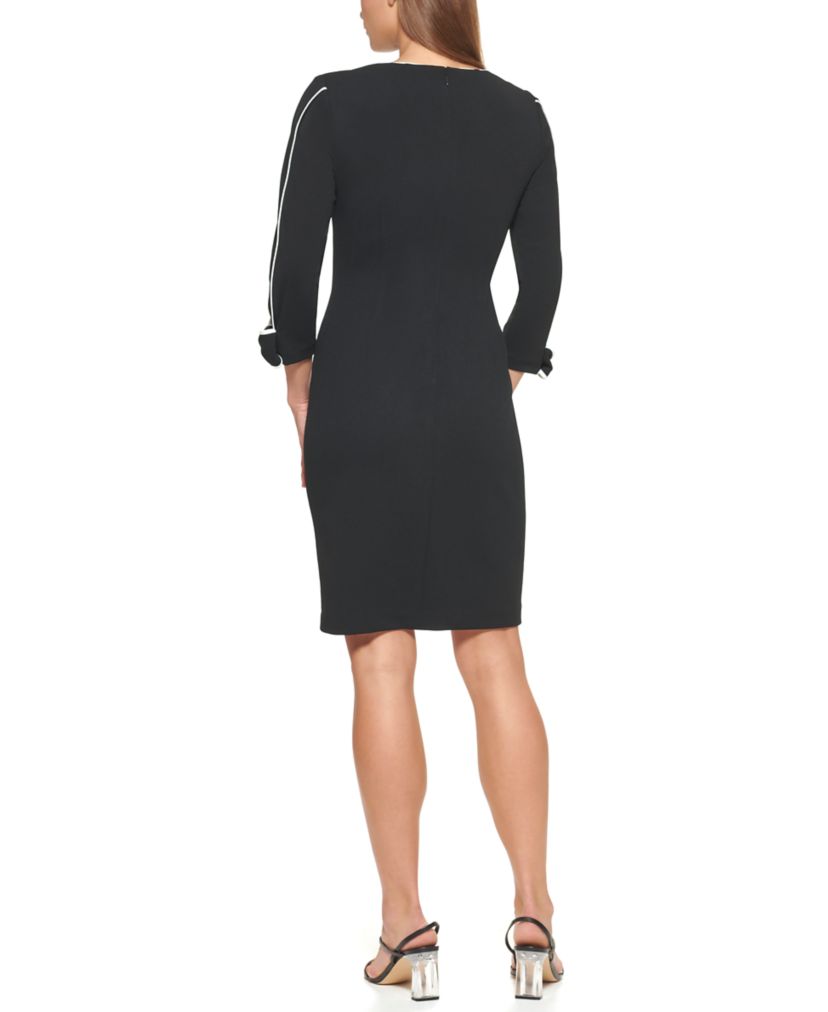 Womens 3/4 Sleeve V-Neck Solid Sheath Dress