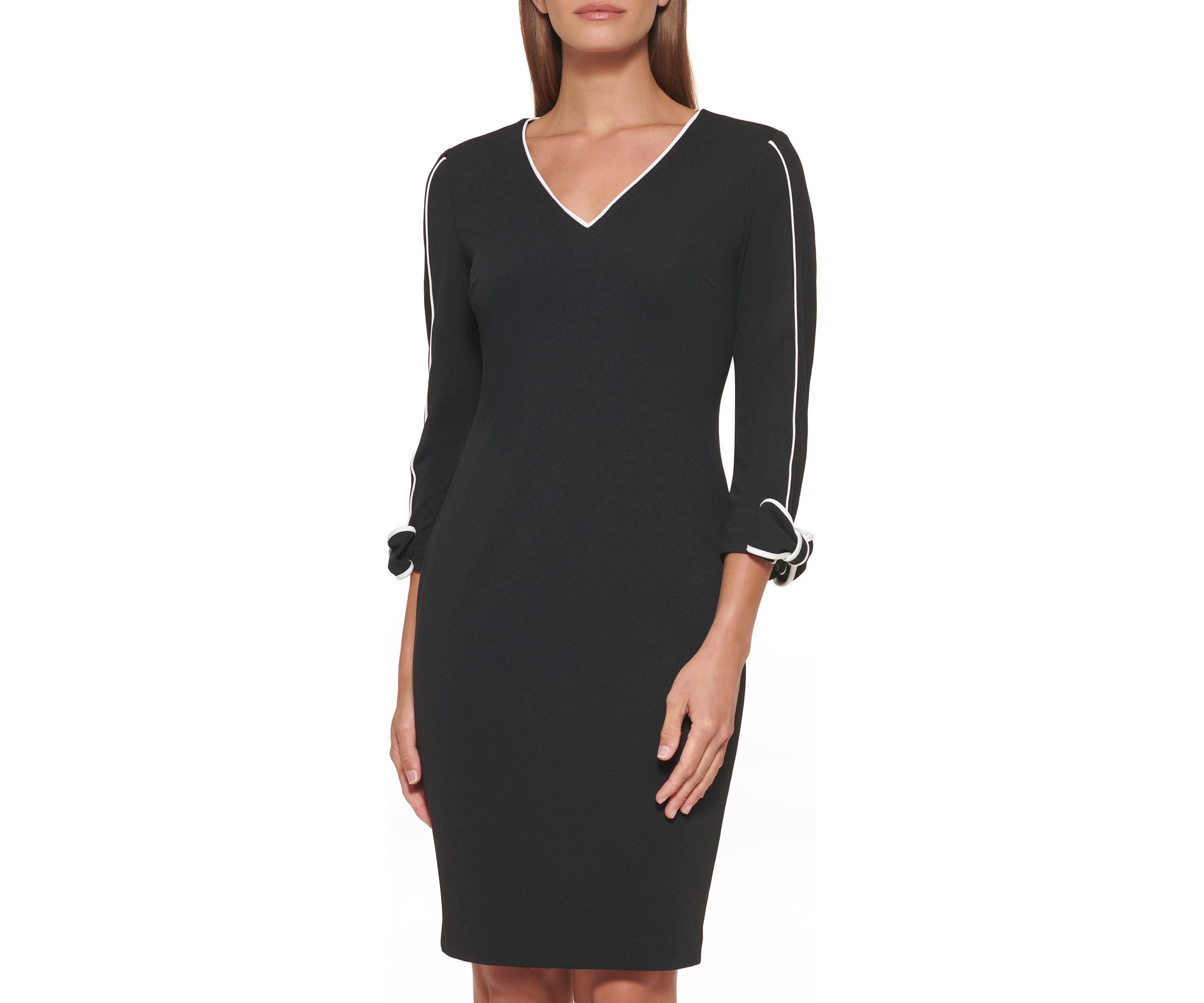 Womens 3/4 Sleeve V-Neck Solid Sheath Dress