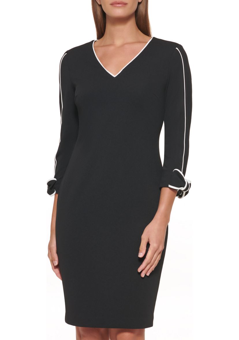 Womens 3/4 Sleeve V-Neck Solid Sheath Dress