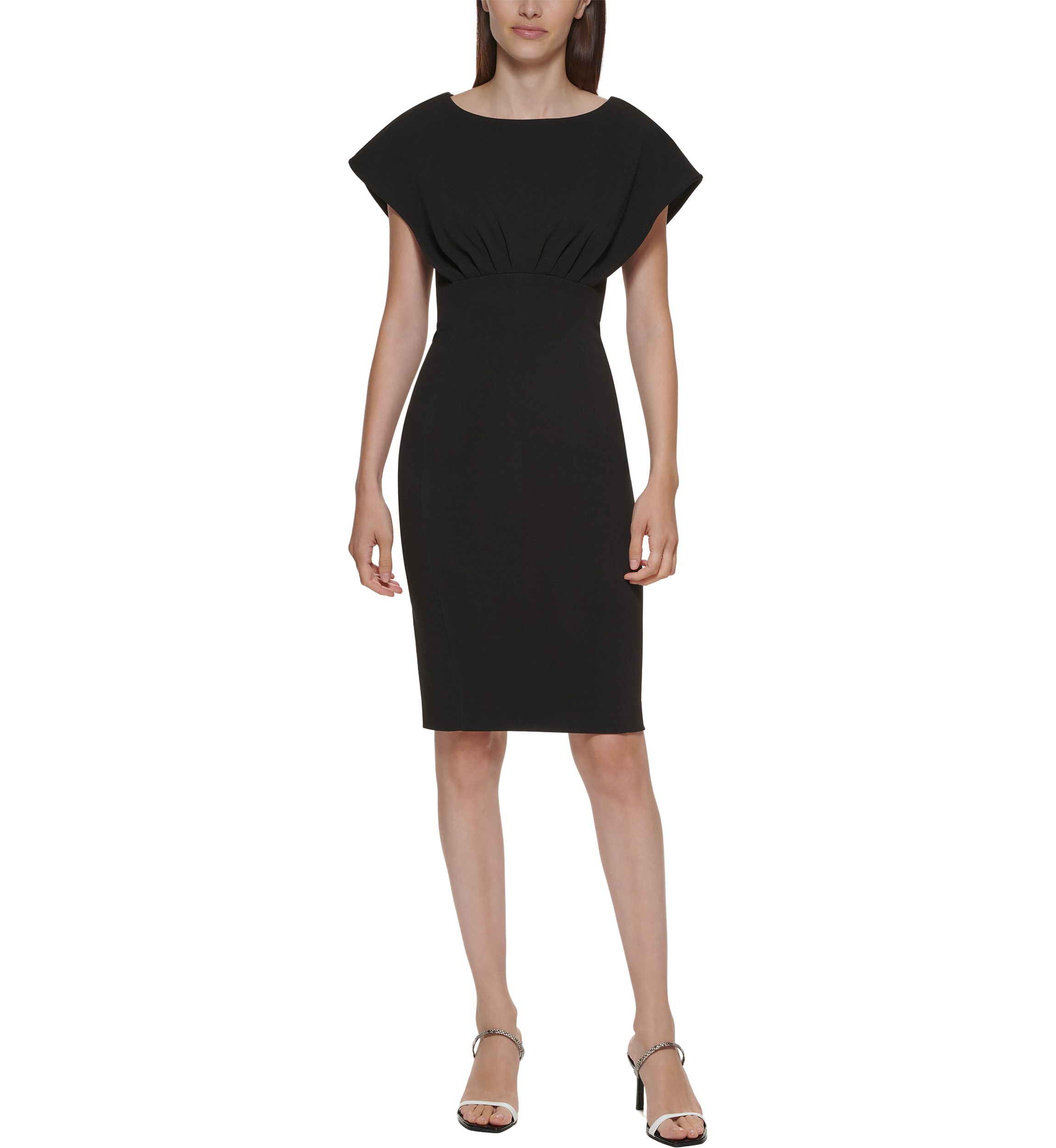 Womens Short Sleeve Boat Neck Fitted Waist Solid Sheath Dress