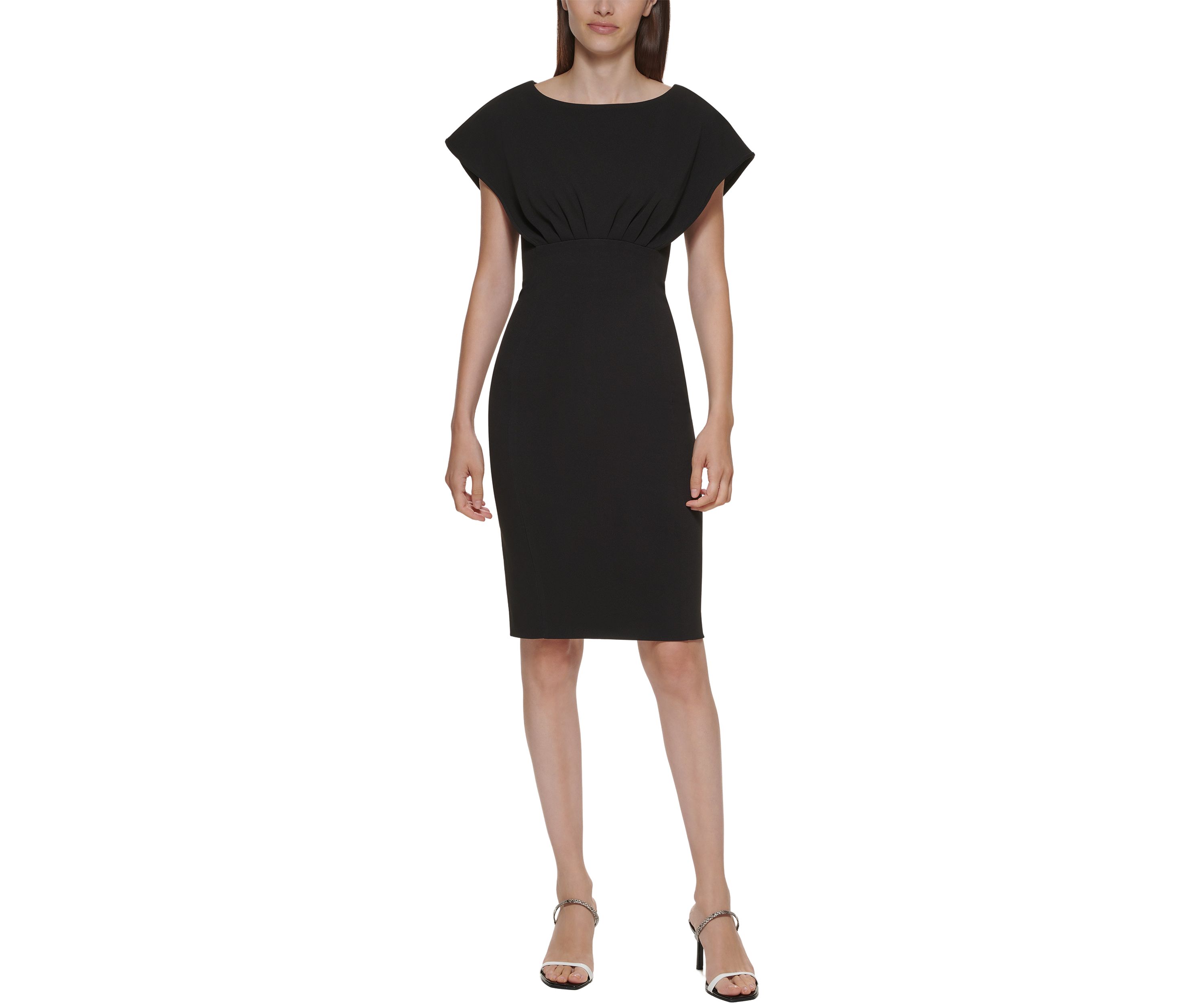 Womens Short Sleeve Boat Neck Fitted Waist Solid Sheath Dress