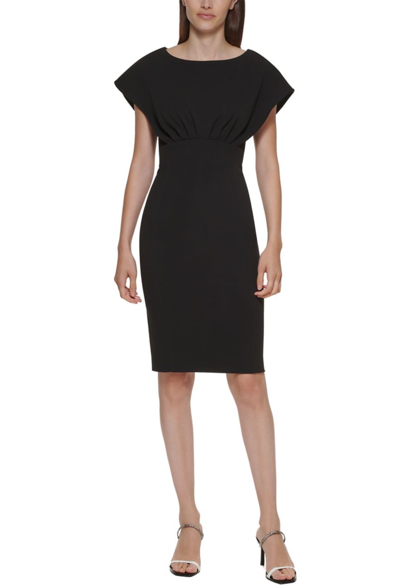 Womens Short Sleeve Boat Neck Fitted Waist Solid Sheath Dress