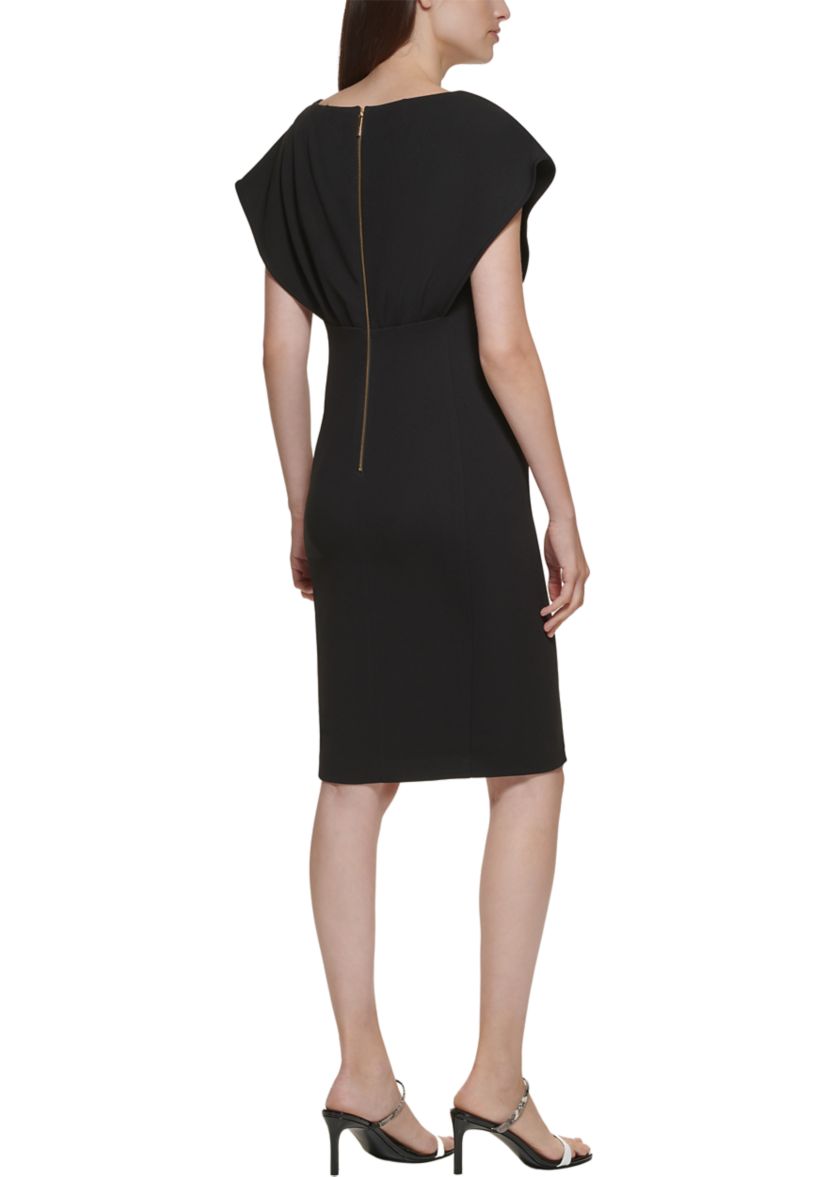 Womens Short Sleeve Boat Neck Fitted Waist Solid Sheath Dress