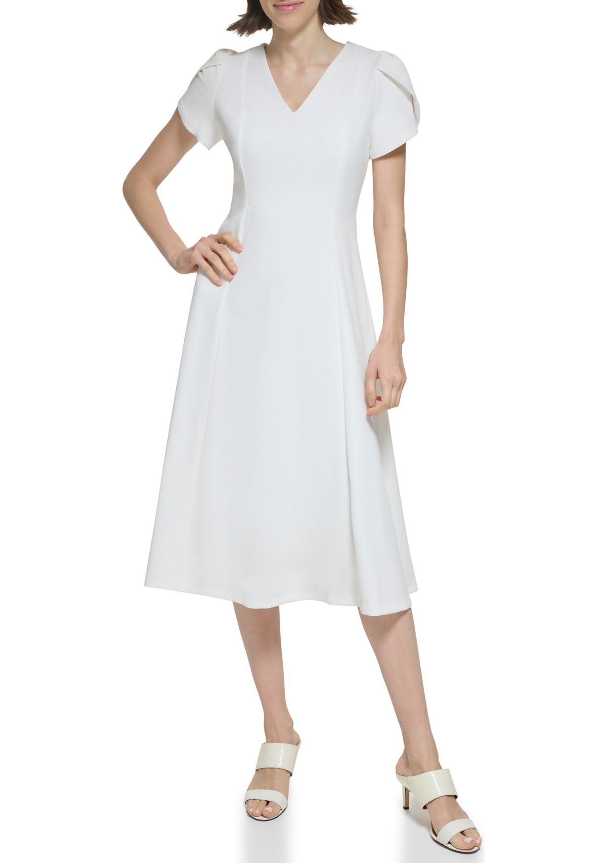 Womens Short Sleeve V-Neck Solid Fit and Flare Dress