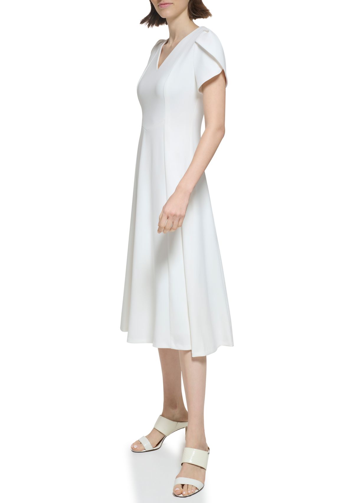 Womens Short Sleeve V-Neck Solid Fit and Flare Dress