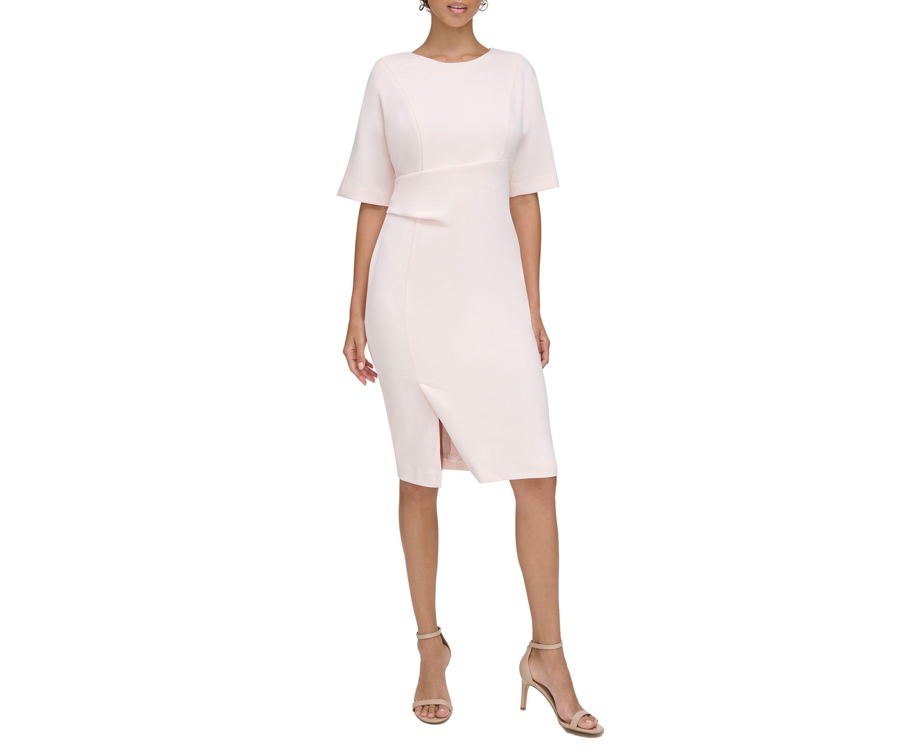 Short Sleeve Solid Ruched Waist Sheath Dress