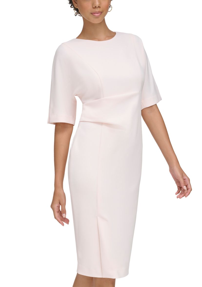 Short Sleeve Solid Ruched Waist Sheath Dress
