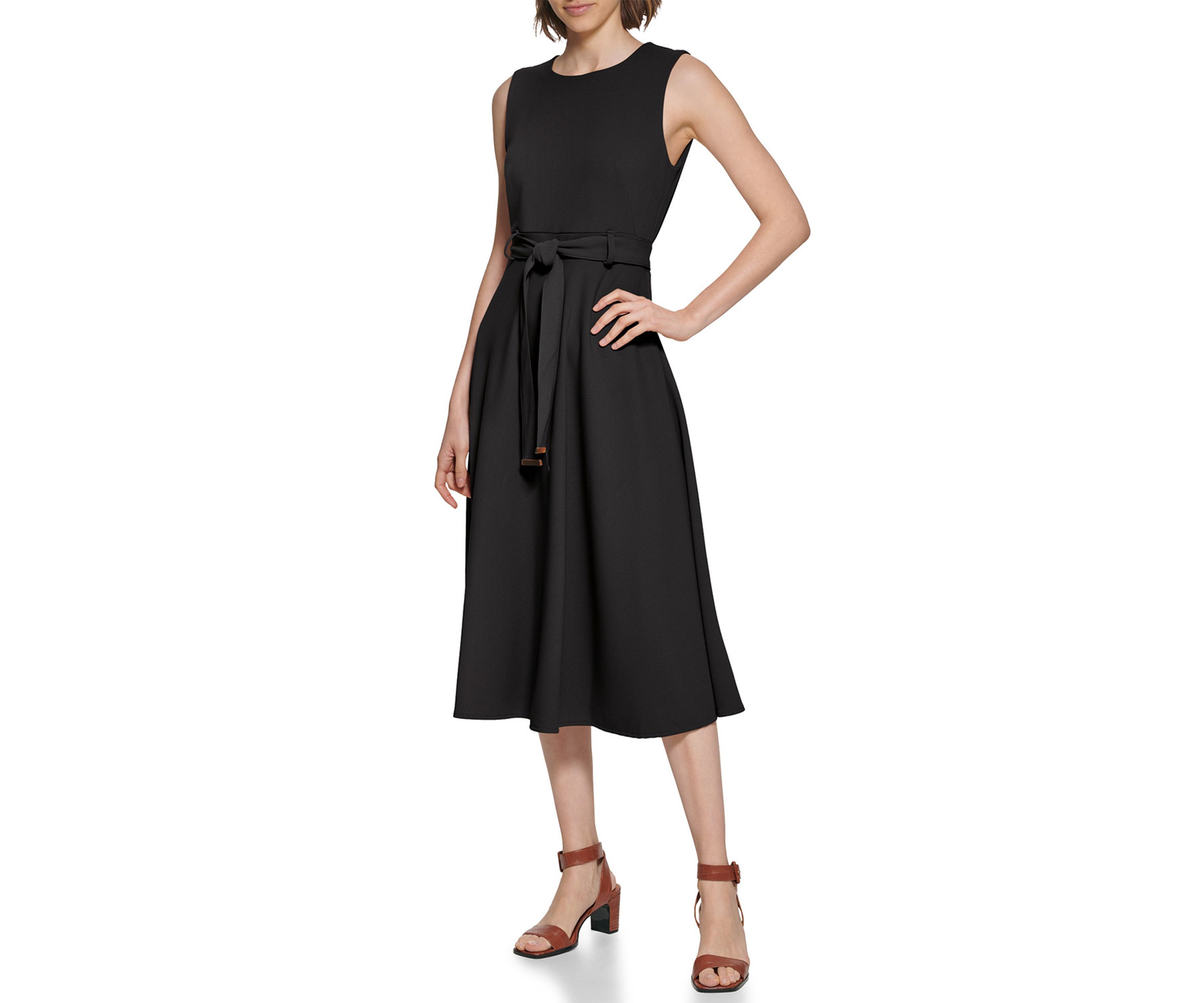 Womens Sleeveless Round Neck Tie Waist Midi Fit and Flare Dress