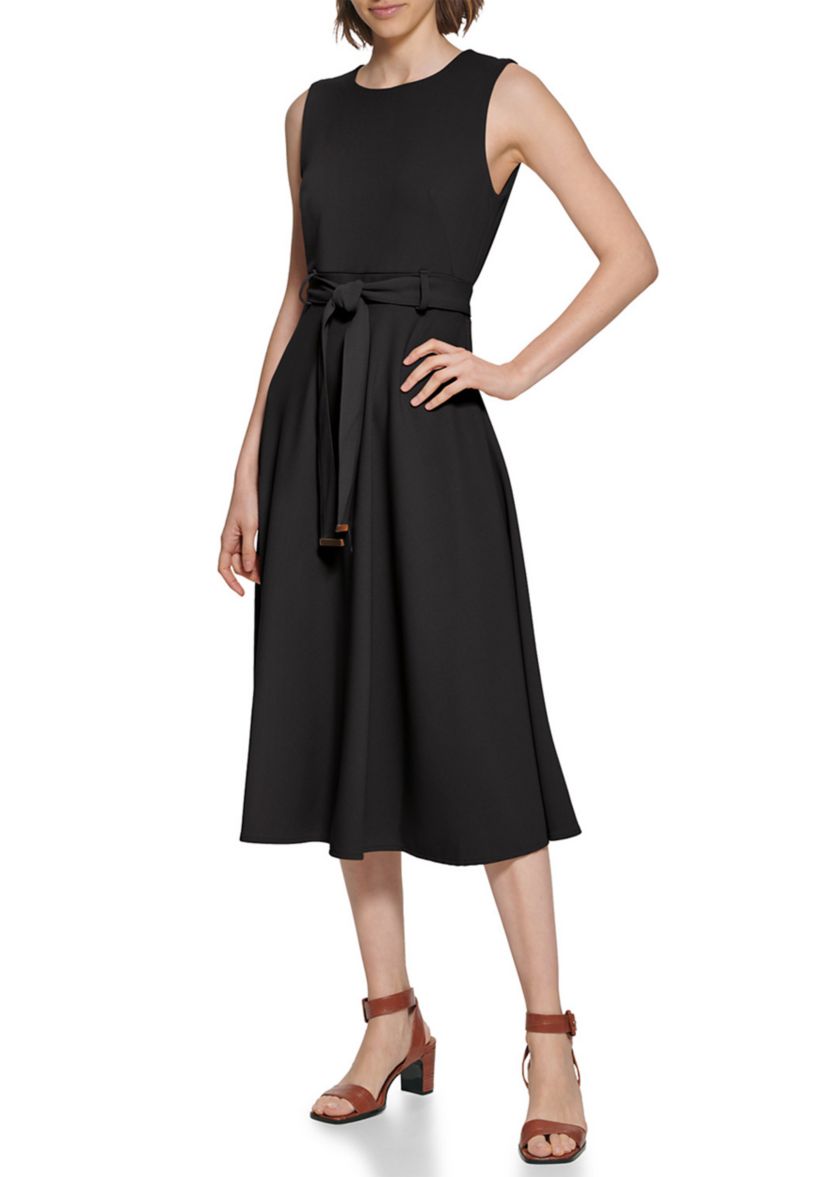 Womens Sleeveless Round Neck Tie Waist Midi Fit and Flare Dress