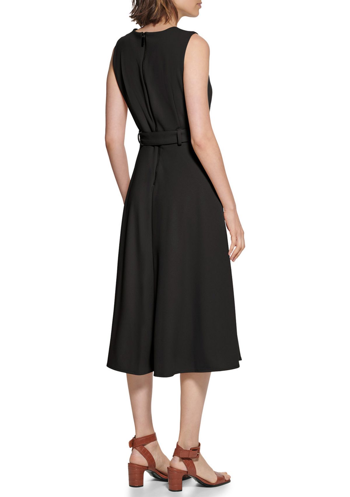 Womens Sleeveless Round Neck Tie Waist Midi Fit and Flare Dress