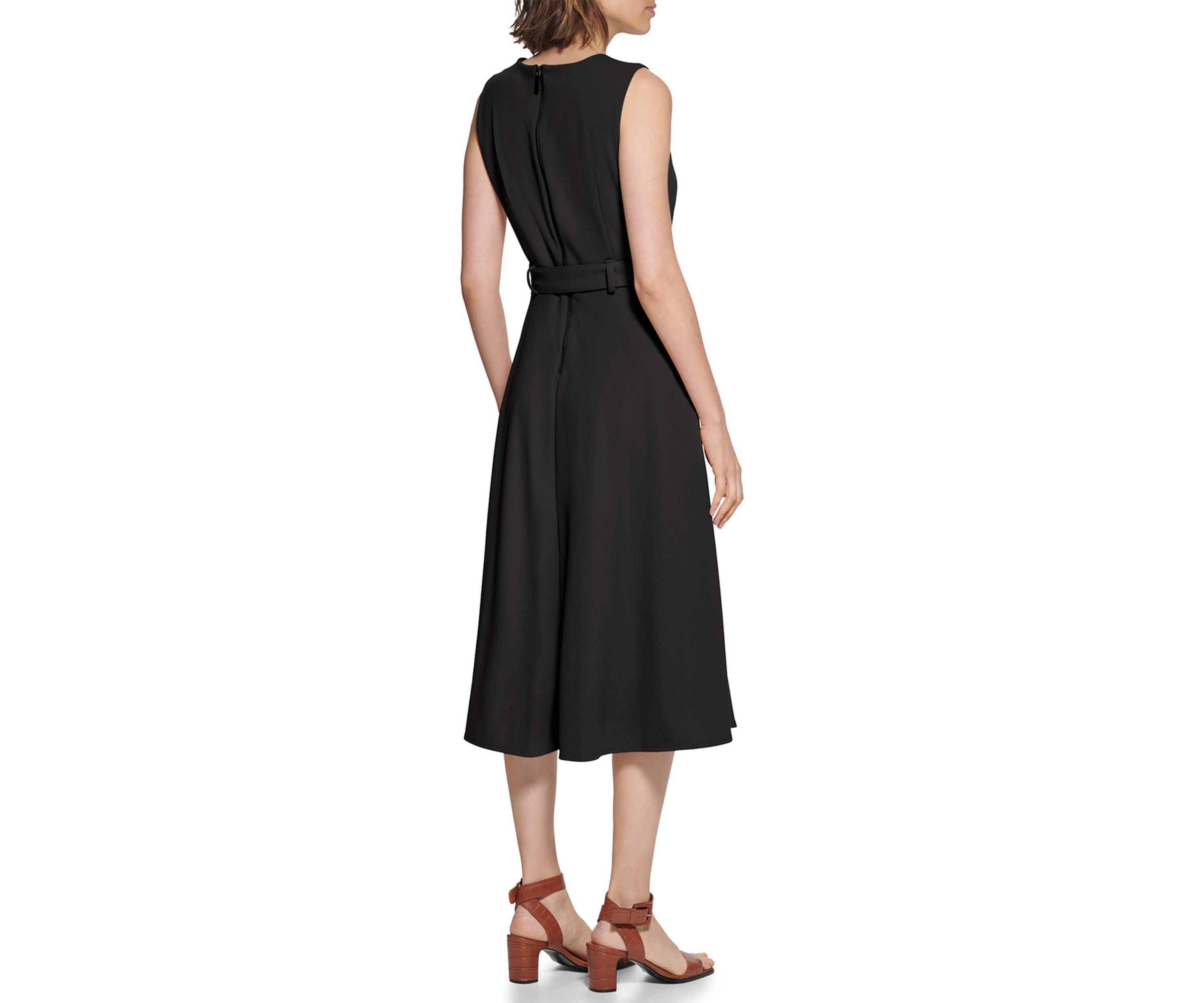 Womens Sleeveless Round Neck Tie Waist Midi Fit and Flare Dress