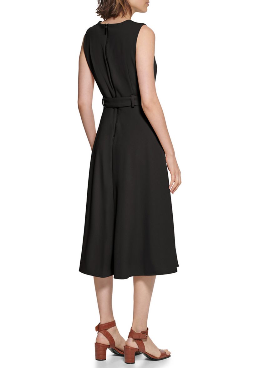 Womens Sleeveless Round Neck Tie Waist Midi Fit and Flare Dress
