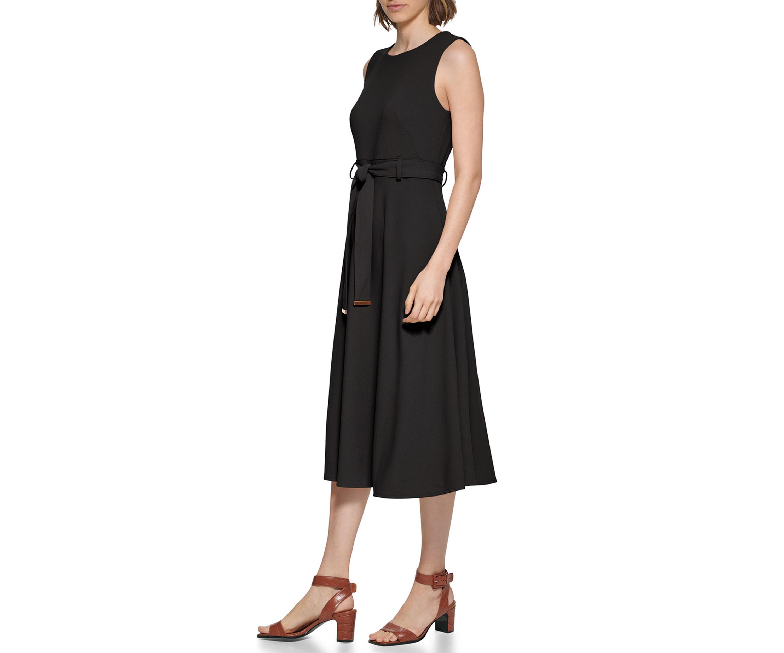 Womens Sleeveless Round Neck Tie Waist Midi Fit and Flare Dress