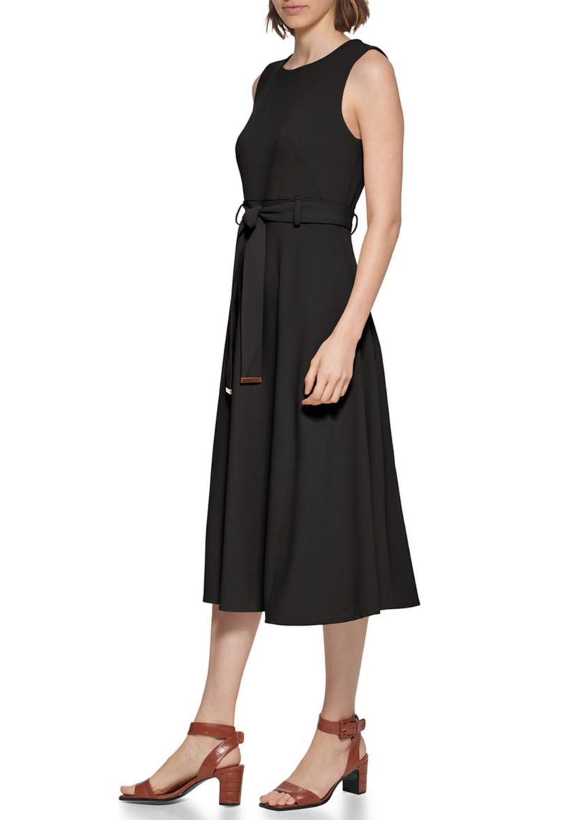 Womens Sleeveless Round Neck Tie Waist Midi Fit and Flare Dress