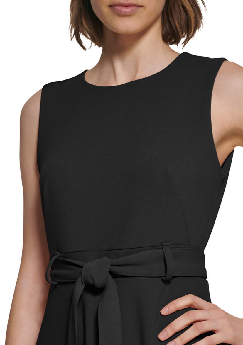 Womens Sleeveless Round Neck Tie Waist Midi Fit and Flare Dress