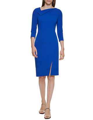 Calvin Klein Women's 3/4 Sleeve Drape Neck Slit Trim Solid Sheath Dress |  belk