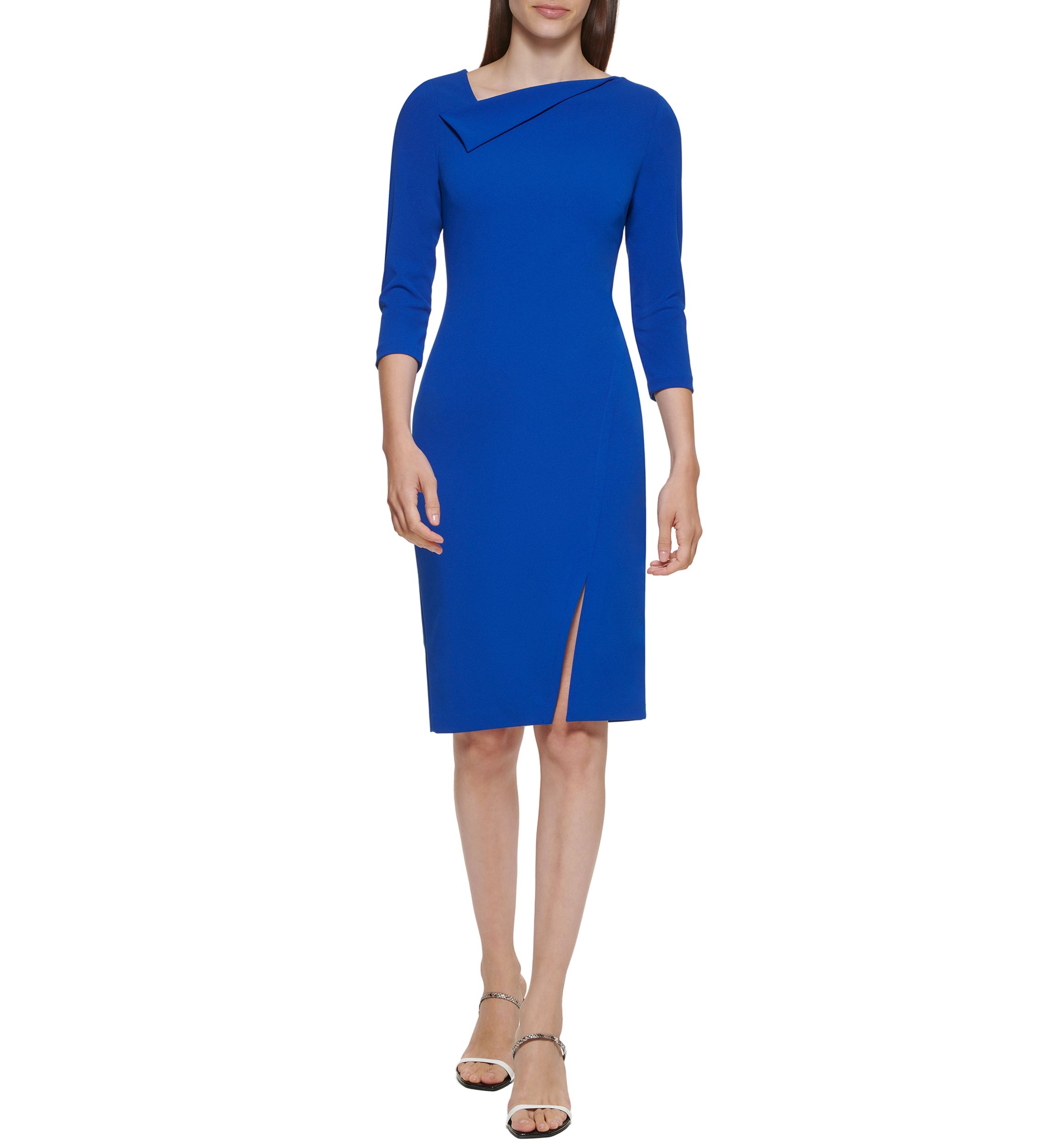 Womens 3/4 Sleeve Drape Neck Slit Trim Solid Sheath Dress